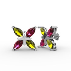 Peridot ve rodolit garnet 14 ayar beyaz altın küpe