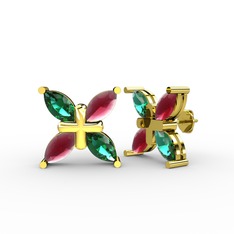 Dört Taşlı Rüzgar Küpe - Yeşil kuvars ve kök yakut 8 ayar altın küpe #qn73lp