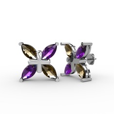 Dört Taşlı Rüzgar Küpe - Dumanlı kuvars ve ametist 14 ayar beyaz altın küpe #r7ivit