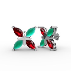 Garnet ve kök zümrüt 14 ayar beyaz altın küpe