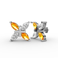 Dört Taşlı Rüzgar Küpe - Sitrin ve beyaz zirkon 18 ayar beyaz altın küpe #rynez2