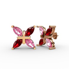 Pembe kuvars ve garnet 14 ayar rose altın küpe