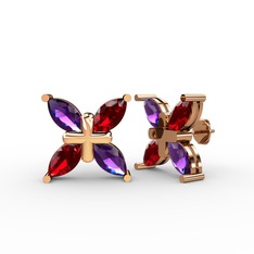 Dört Taşlı Rüzgar Küpe - Ametist ve garnet 8 ayar rose altın küpe #td50zy
