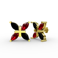 Dört Taşlı Rüzgar Küpe - Siyah zirkon ve garnet 8 ayar altın küpe #tn2og9