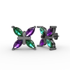 Dört Taşlı Rüzgar Küpe - Yeşil kuvars ve ametist 925 ayar siyah rodyum kaplama gümüş küpe #tsl4fk