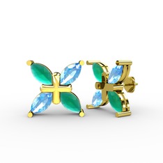 Dört Taşlı Rüzgar Küpe - Kök zümrüt ve akuamarin 14 ayar altın küpe #vn1l16