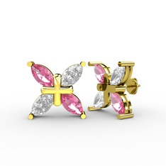Pembe kuvars ve swarovski 8 ayar altın küpe
