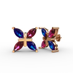 Dört Taşlı Rüzgar Küpe - Lab safir ve rodolit garnet 18 ayar rose altın küpe #wgyn2o