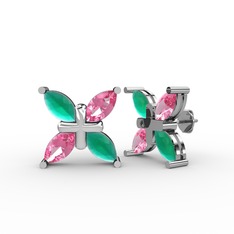 Dört Taşlı Rüzgar Küpe - Kök zümrüt ve pembe kuvars 8 ayar beyaz altın küpe #wuxfsb