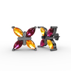 Dört Taşlı Rüzgar Küpe - Sitrin ve rodolit garnet 925 ayar siyah rodyum kaplama gümüş küpe #wxp0ck