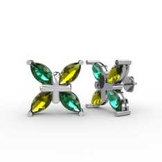 Dört Taşlı Rüzgar Küpe - Yeşil kuvars ve peridot 18 ayar beyaz altın küpe #xlcri2