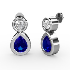 İkili Damla Küpe - Lab safir ve swarovski 14 ayar beyaz altın küpe #1049mjp