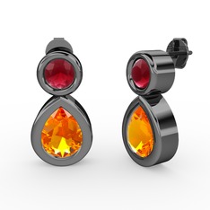 İkili Damla Küpe - Sitrin ve kök yakut 925 ayar siyah rodyum kaplama gümüş küpe #10rlhtp