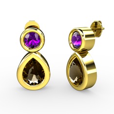 İkili Damla Küpe - Dumanlı kuvars ve ametist 18 ayar altın küpe #14lsg9m