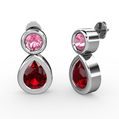 Garnet ve pembe kuvars 18 ayar beyaz altın küpe