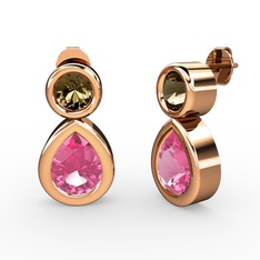 İkili Damla Küpe - Pembe kuvars ve dumanlı kuvars 18 ayar rose altın küpe #158xx9v