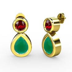 İkili Damla Küpe - Kök zümrüt ve garnet 14 ayar altın küpe #16cuhgs