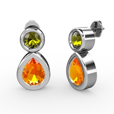 İkili Damla Küpe - Sitrin ve peridot 18 ayar beyaz altın küpe #199gjhh