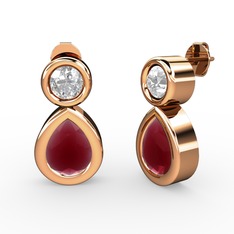 İkili Damla Küpe - Kök yakut ve beyaz zirkon 14 ayar rose altın küpe #19hu34b