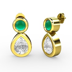 İkili Damla Küpe - Beyaz zirkon ve kök zümrüt 14 ayar altın küpe #19pcdbd