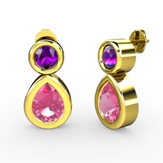 İkili Damla Küpe - Pembe kuvars ve ametist 8 ayar altın küpe #1adrmdg