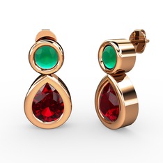 Garnet ve kök zümrüt 18 ayar rose altın küpe
