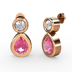 Pembe kuvars ve beyaz zirkon 8 ayar rose altın küpe