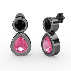 İkili Damla Küpe - Pembe kuvars ve siyah zirkon 925 ayar siyah rodyum kaplama gümüş küpe #1c5uyus