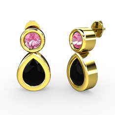 İkili Damla Küpe - Siyah zirkon ve pembe kuvars 18 ayar altın küpe #1d71uxd