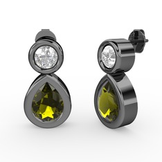 İkili Damla Küpe - Peridot ve pırlanta 925 ayar siyah rodyum kaplama gümüş küpe (1 karat) #1e4firu