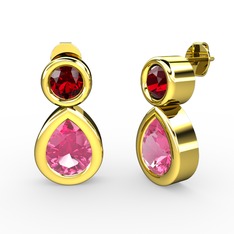 İkili Damla Küpe - Pembe kuvars ve garnet 18 ayar altın küpe #1f7b6t0
