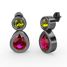 İkili Damla Küpe - Rodolit garnet ve peridot 925 ayar siyah rodyum kaplama gümüş küpe #1g42ik7