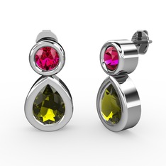 İkili Damla Küpe - Peridot ve rodolit garnet 18 ayar beyaz altın küpe #1gs0g7r