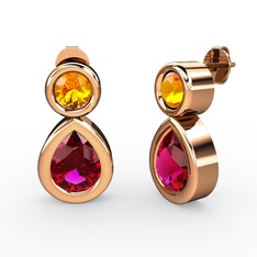 İkili Damla Küpe - Rodolit garnet ve sitrin 18 ayar rose altın küpe #1gu2knc