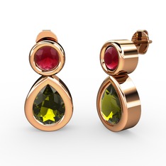İkili Damla Küpe - Peridot ve kök yakut 14 ayar rose altın küpe #1izpcf5
