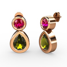 İkili Damla Küpe - Peridot ve rodolit garnet 18 ayar rose altın küpe #1jtlw1t
