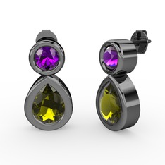 İkili Damla Küpe - Peridot ve ametist 925 ayar siyah rodyum kaplama gümüş küpe #1kr81dq