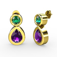İkili Damla Küpe - Ametist ve yeşil kuvars 14 ayar altın küpe #1kv9bwp