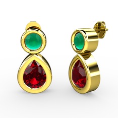 Garnet ve kök zümrüt 14 ayar altın küpe