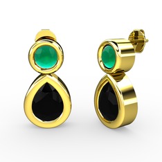 İkili Damla Küpe - Siyah zirkon ve kök zümrüt 8 ayar altın küpe #1pijdt2