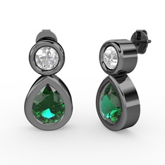 İkili Damla Küpe - Yeşil kuvars ve beyaz zirkon 925 ayar siyah rodyum kaplama gümüş küpe #1pl8c5r