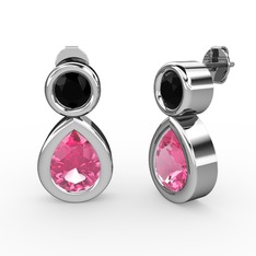 İkili Damla Küpe - Pembe kuvars ve siyah zirkon 14 ayar beyaz altın küpe #1plf2pn