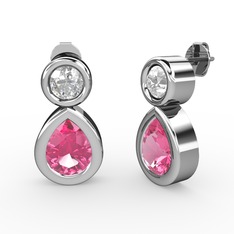 İkili Damla Küpe - Pembe kuvars ve swarovski 14 ayar beyaz altın küpe #1prubn2