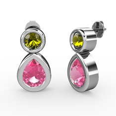 İkili Damla Küpe - Pembe kuvars ve peridot 8 ayar beyaz altın küpe #1qqacgm
