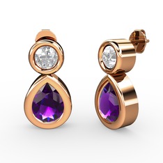 İkili Damla Küpe - Ametist ve swarovski 14 ayar rose altın küpe #1r6kpfd