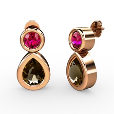 Dumanlı kuvars ve rodolit garnet 8 ayar rose altın küpe