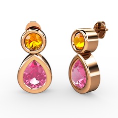 İkili Damla Küpe - Pembe kuvars ve sitrin 8 ayar rose altın küpe #1srvlqz