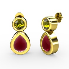 İkili Damla Küpe - Kök yakut ve peridot 18 ayar altın küpe #1sty0rc