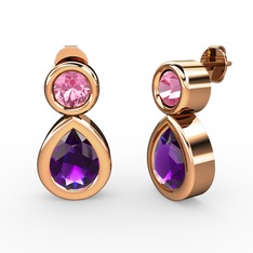 İkili Damla Küpe - Ametist ve pembe kuvars 18 ayar rose altın küpe #1u1jzha