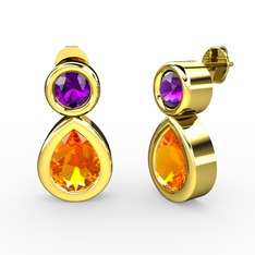 İkili Damla Küpe - Sitrin ve ametist 8 ayar altın küpe #1vvgvd